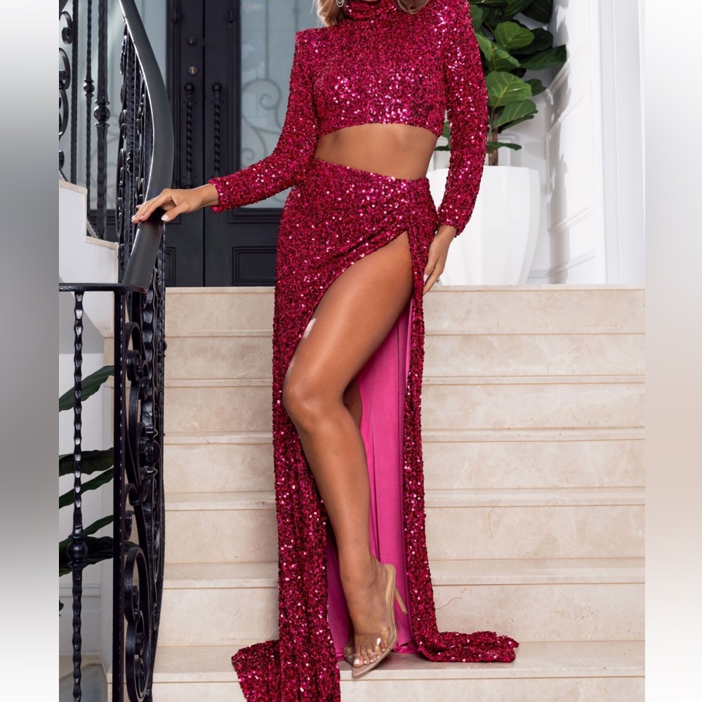 Abyss By Abby Venus Fuchsia Sequin Two-Piece Skirt Set